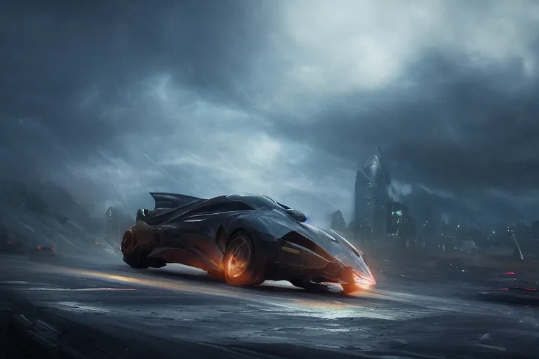 Image similar to the batmobile caught in the flow of time. octane render. 8 k. dark. atmospheric. cinematic. spectacular. sense of awe. mist. strong winds. sunrise. super slowmotion. matte painting painted by thu berchs and peter mohrbacher