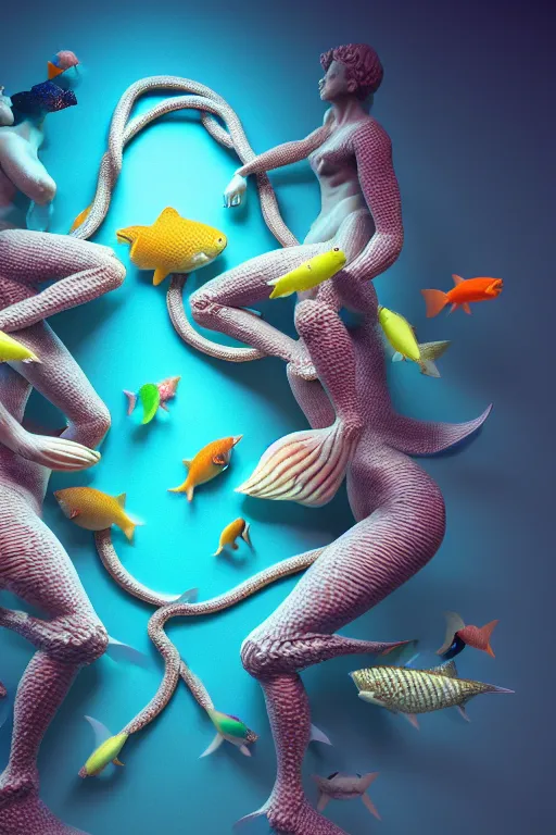 Image similar to a sculpture of fish ocean intertwined, diode lighting, a lovely cornucopia of flowers and human body parts, body parts, highly detailed, octane render, cinematic, sharp focus, clean, studio lighting