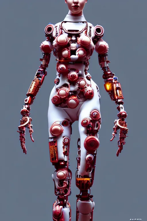 Image similar to a statue made of red marble, of an beautiful chinese girl, full body shot, perfect body, white biomechanical, inflateble shapes, wearing epic bionic cyborg implants, masterpiece, intricate, biopunk futuristic wardrobe, vogue, highly detailed, artstation, concept art, background galaxy, cyberpunk, octane render