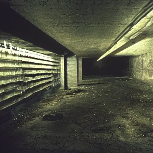 Prompt: a bulldozer inside a parking garage, art by HR Giger, shot on film