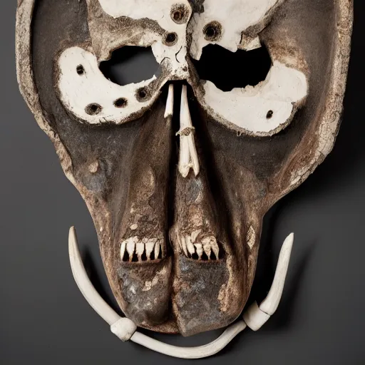 Image similar to symmetrical product photograph of a scary mask made from bone and obsidian, angry, cracked