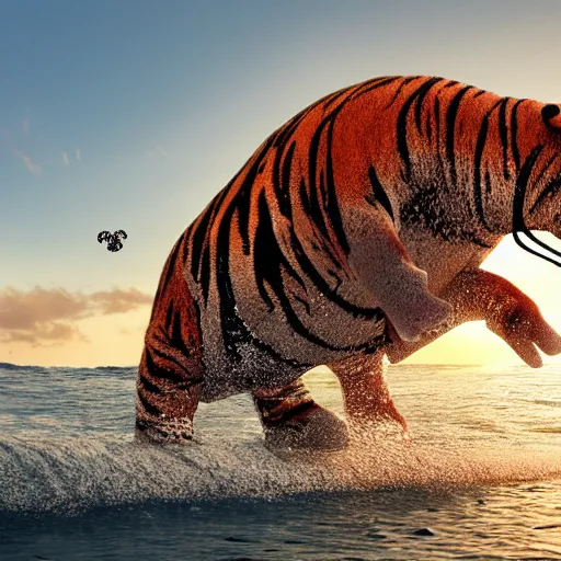 Prompt: a closeup photorealistic photograph of a cute smiling knitted tiger hippopotamus chasing a beachball during sunset. open mouth, surf in the background. professional capture. this 4 k hd image is trending on artstation, featured on behance, well - rendered, extra crisp, features intricate detail, epic composition and the style of unreal engine.