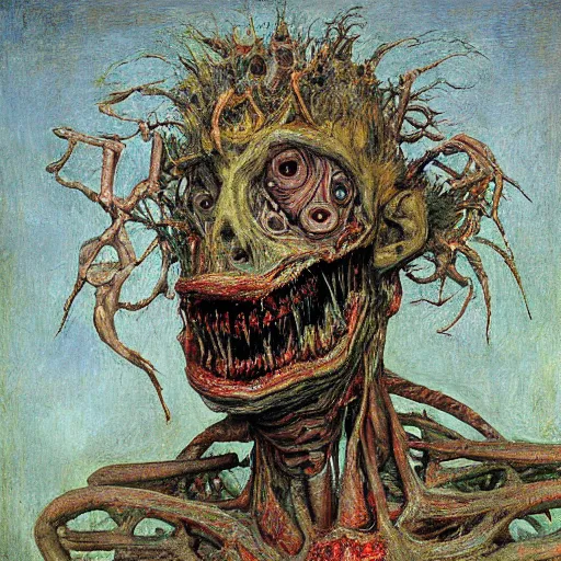 Image similar to digital art of a terrifying body horror humanoid creature painted by james ensor goya, trevor henderson and tyedied