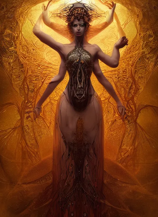 Prompt: epic portrait of menacing and agitated yet stunningly beautiful biomechanical djinn divine priestess of creation overseeing the iridescent fabric of the universe, by charlie bowater, mandy jurgens, gustav klimt, octane render, dramatic camera angle, 4k, 8k, high detail, HDR, by tom bagshaw, powerful, with inspiration from Beksinski, inspired by greek goddess Athena