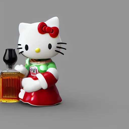 Prompt: a 3d render of hello kitty holding a bottle of whiskey, artstation, by makoto shinkai