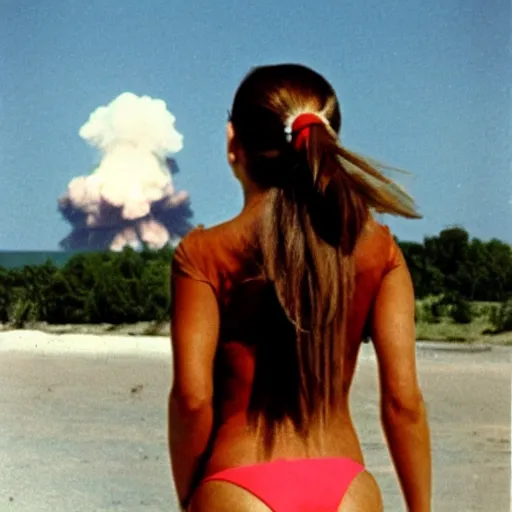 Prompt: a girl with a ponytail wearing bikini watching a nuclear explosion, 1 9 7 0 s photo