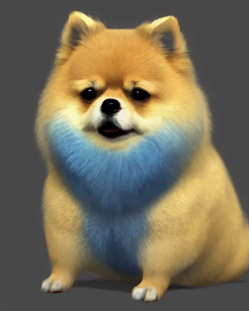 Prompt: gold, blue, head to shoulders illustration of a fat angry pomeranian, 3 d, 8 k, extremely detailed, artstation