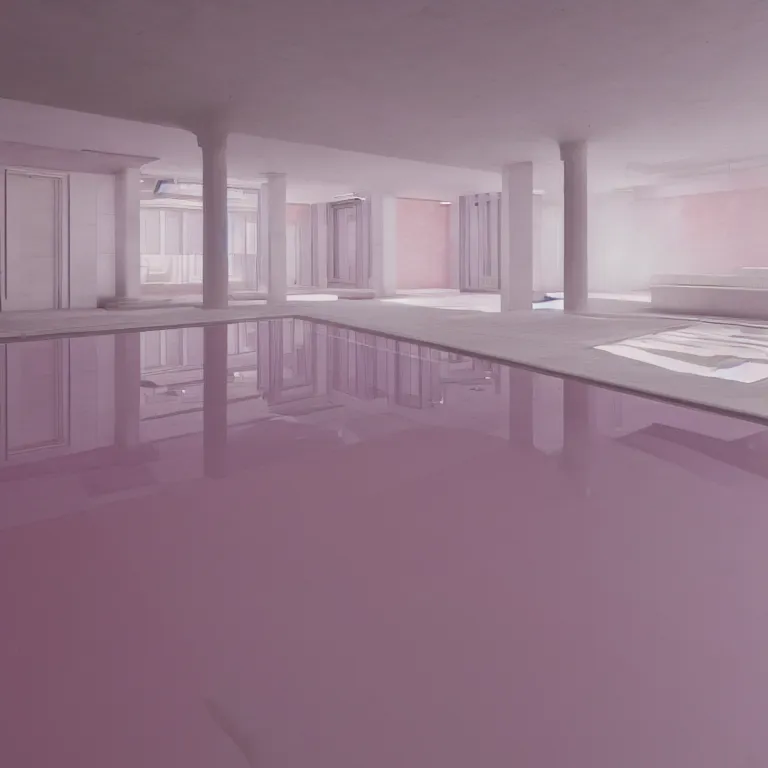 Prompt: liminal spaces, backrooms, swimming pool, light pink tones, unreal engine, octane render, photo realistic