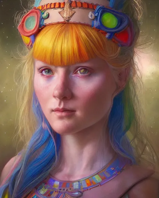 Image similar to human rainbow brite portrait | highly detailed | very intricate | symmetrical | whimsical and magical | soft cinematic lighting | award - winning | closeup portrait | doll | painted by donato giancola and mandy jurgens and charlie bowater | pastel color palette | featured on artstation