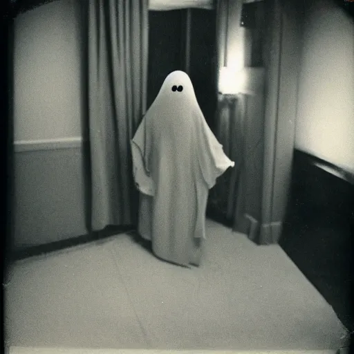 Image similar to Creepy ghost in motel room, red carpet | vintage scratched polaroid photo