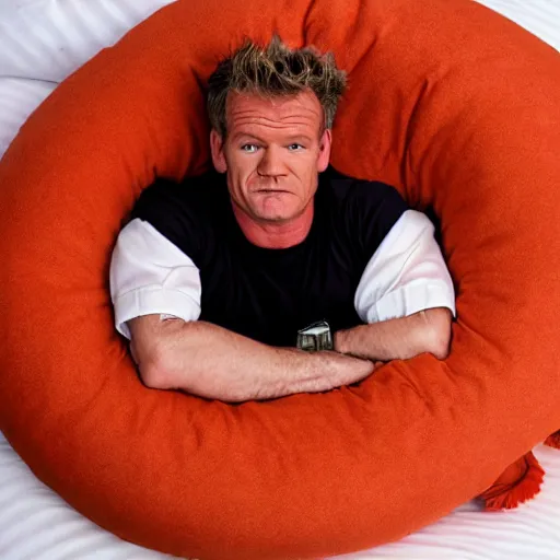 Prompt: Gordon Ramsey sleeping on a pillow made of raw salmon, photo, 4k, high quality, award winning