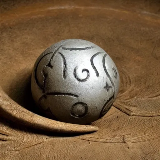 Prompt: an iron ball with weird symbols engraved on it, the ball is on a pedestal. the light enter the room by a hole in the ceiling. close - up