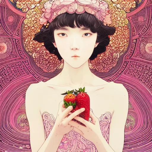 Image similar to a beautiful exquisite delicate hyperdetailed design 4 k wallpaper illustration of strawberry milk, victo ngai style, finely detailed perfect face delicate features directed gaze, style of studio ghibli, makoto shinkai, raphael lacoste, louis comfort tiffany, denoise, deblurring, artgerm, james jean, ross tran, alphonse maria mucha, chinese style