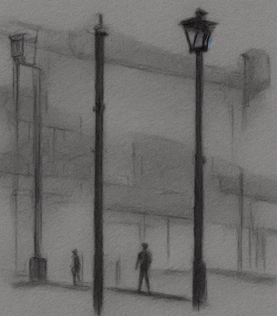 Image similar to charcoal sketch matte painting urban decay bus station train station stoplight streetlight silhouette figure