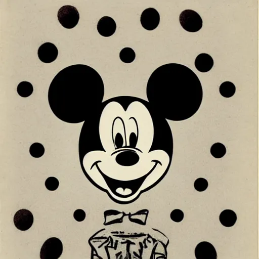 Prompt: Mickey Mouse with three eyes, symmetrical, 1930's illustration