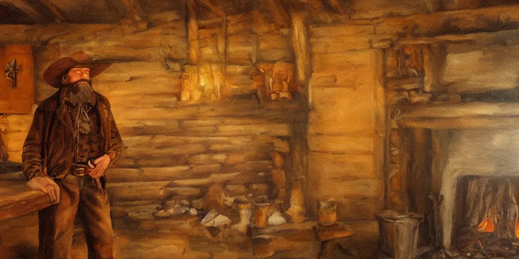 Prompt: in an old west cabin, close up shot a rugged, bearded cowboy standing at his fireplace, in the style of Fredrick Remington, oil painting