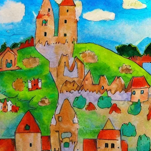 Image similar to children's art of a castle landscape, detailed