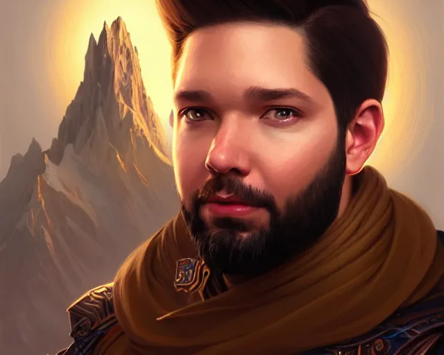 Image similar to a portrait of alexis ohanian as a wizard, handsome, deep focus, d & d, fantasy, intricate, elegant, highly detailed, digital painting, artstation, concept art, matte, sharp, illustration, hearthstone, art by artgerm and greg rutkowski and alphonse mucha