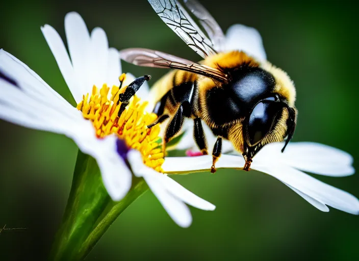 Image similar to super macro of a bee face drinking from a flower in the forest. fantasy magic style. highly detailed 8 k. intricate. nikon d 8 5 0 3 0 0 mm. award winning photography.