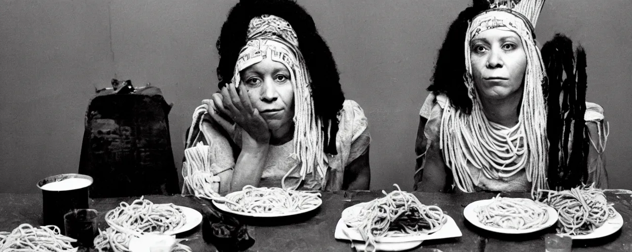 Prompt: queen hatshepsut of punt, enjoying a feast of spaghetti, in the style of diane arbus, canon 5 0 mm, kodachrome, retro