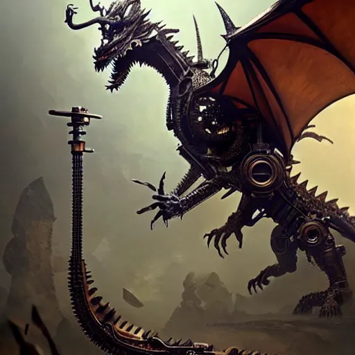 Prompt: A dragon made of machine parts, steampunk, ultra detailed, 4k, by Greg Rutkowski
