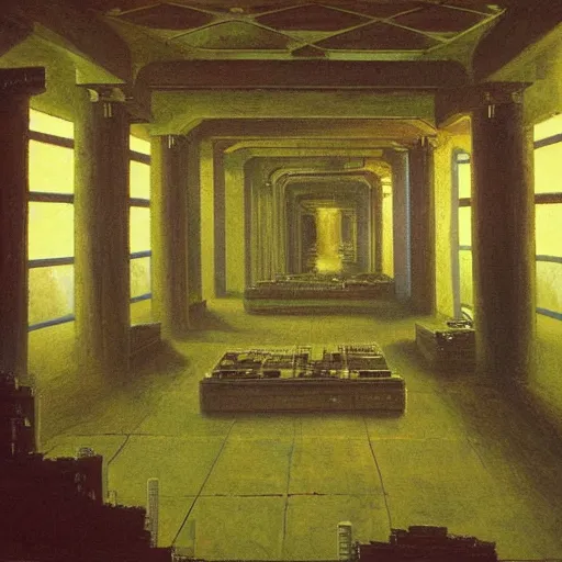 Prompt: painting of a scifi ancient civilzation victorian computer room with pillars, beksinski