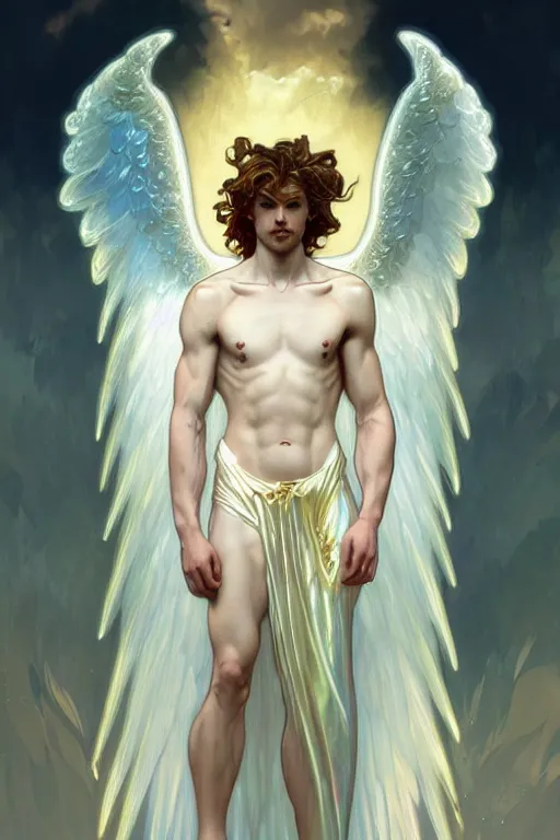 Image similar to full figure beautiful young fit male angel with curly blond hairs, dressed with fluent clothes, majestic wings, luminous halo, by greg rutkowski and alphonse mucha, d & d character, gradient white to gold, in front of an iridescent background, highly detailed portrait, digital painting, artstation, concept art, smooth, sharp focus illustration, artstation hq