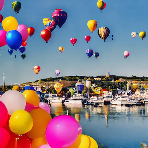 Prompt: photo of a lot of birthday balloons floating above a beautiful maritime port in bretagne. sharp focus, highly - detailed, award - winning