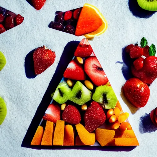 Image similar to beautiful photo of the pyramids made of fruit pieces on a white plate, dslr