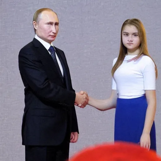 Image similar to putin teams up with a teenage putin, perfect faces