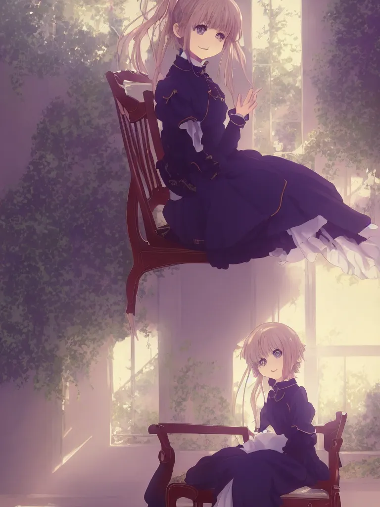 Image similar to a character portrait of violet evergarden, sitting down on a chair in a victorian home background, style of kyoto animations, trending on pixiv, anime, high detail, character accurate