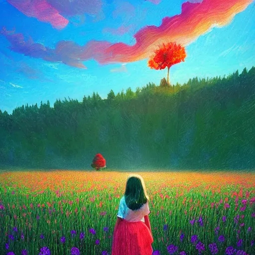 Prompt: flower field becoming a girl with dress and a giant flower as a face, hills, big trees, sunrise dramatic light, impressionist painting, colorful clouds, digital painting, pointillism, artstation, simon stalenhag