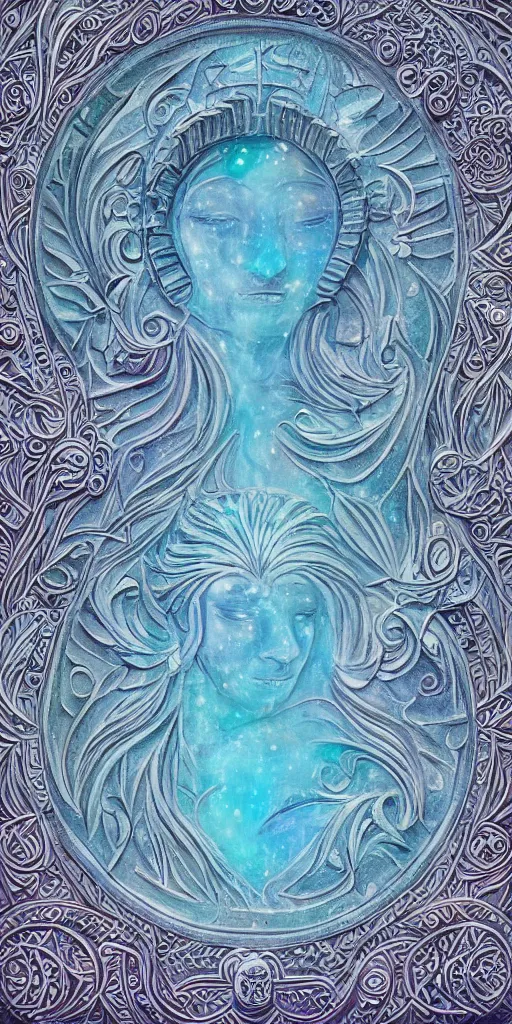 Image similar to intricate colourfully painted carved Soapstone relief paneling, white and pale blue , celestial, cosmos, galaxies, planets, divinity, moon goddess, mother earth, Earth Goddess mythology, Gaia, angels, dream atmosphere, Ghostly, crystaline celtic, insanly detailed , artstation, wallpaper, hyper realistic, realistic lighting