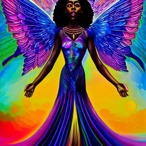 Image similar to isis depicted as a black woman with large iridescent wings in front of a crystal pyramid by Aliza Razell, lisa frank, and android jones, oil on canva