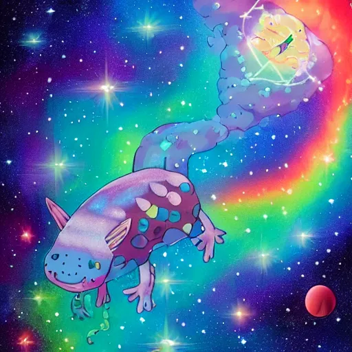 Prompt: an axolotl riding nyan cat through space, nebula, colorful
