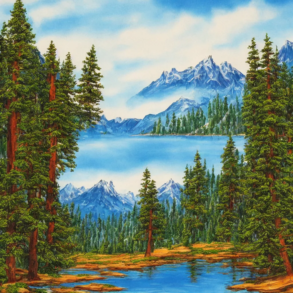 Image similar to a lake surrounded by pine trees with mountains in the background painted by Bob Ross