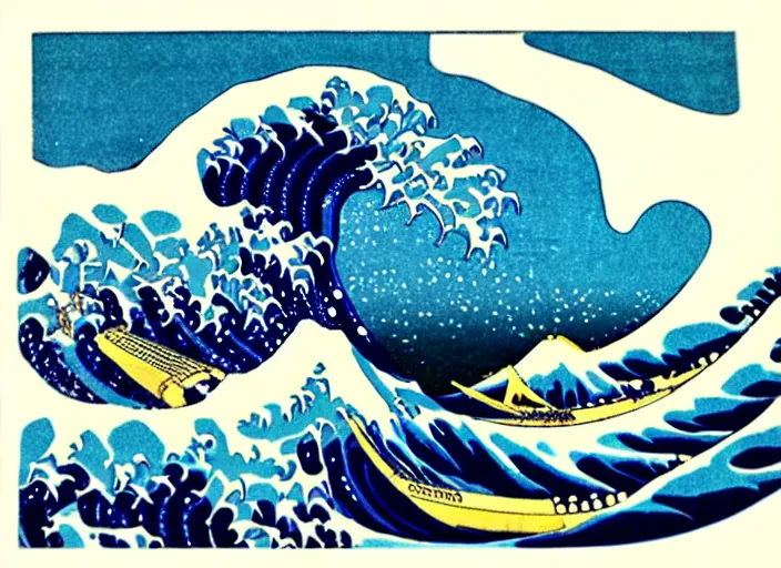 Prompt: the great wave off kanagawa is a woodblock print by the japanese ukiyo - e artist hokusai, probably made in late 1 8 3 1 during the edo period of japanese history. the print depicts three boats moving through a storm - tossed sea, with a large wave forming a spiral in the centre and mount fuji visible in the background