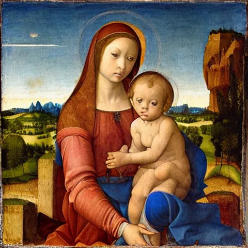 Prompt: Early renaissance painting of Madonna and child, by Filippo Lippi, 1400s, detailed