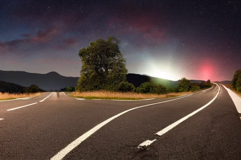 Prompt: looking down road, neighborhood lining the road, hills background with a big creature, mid night, lonely, car light, view of a car