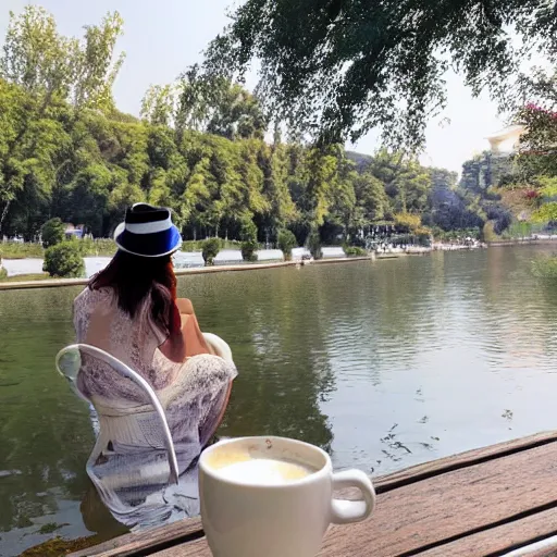 Prompt: a beautiful woman wearing a blue lace top and a white hat, drinking coffee by a river in beijing