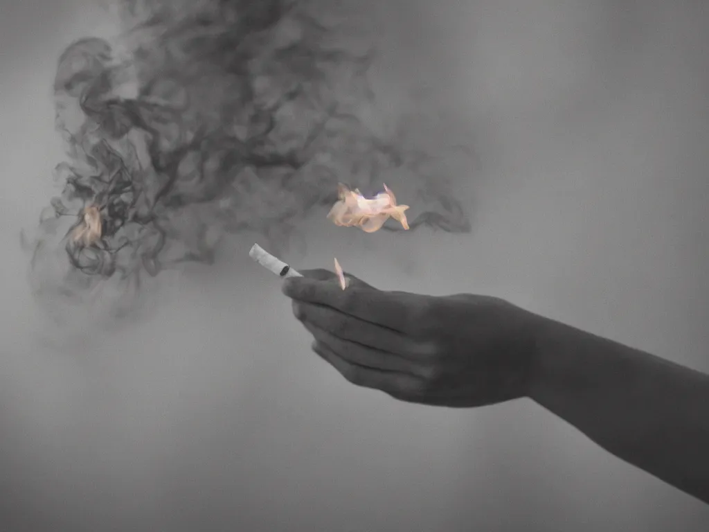 Image similar to Close-up view of hyperrealistic thin soft hand holding cigarette with smoke, hyper realistic photo, 4K