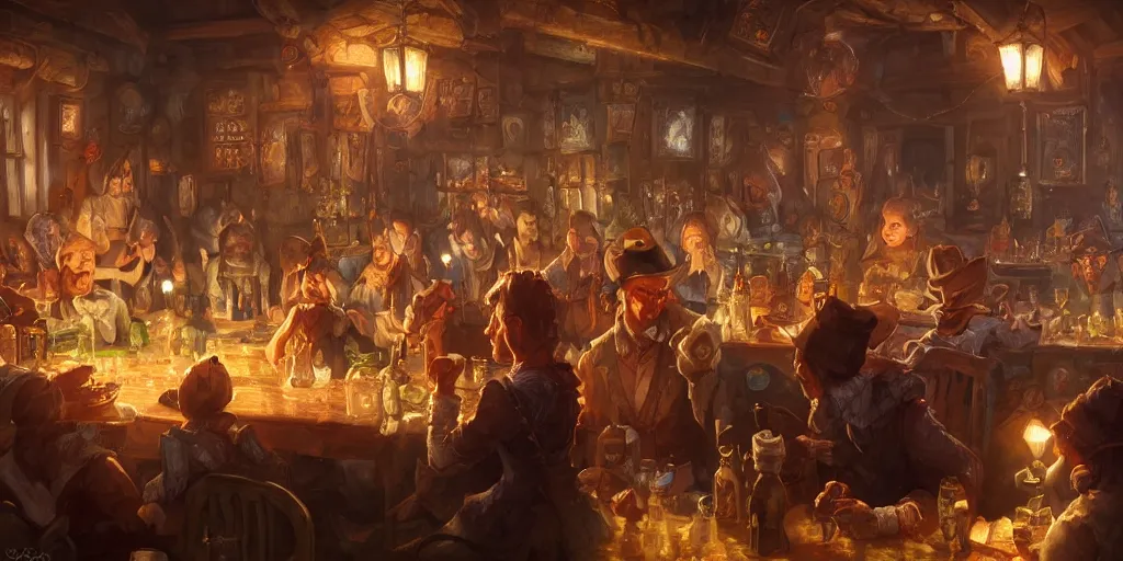 Image similar to busy tavern scene, Ultra realistic, intricate, mysterious, cinematic, Victorian, by Tony Sart and Anato Finnstark, 4k, 8k, illustration, concept art, photorealistic, award winning on Artstation, deviantart