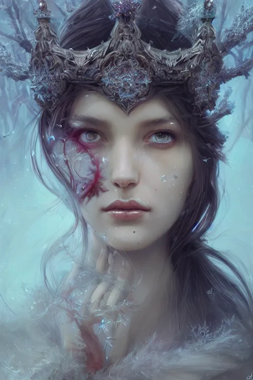 Prompt: photography of demonic beautiful girl ornament crown, holding organic crystals, frost, deep focus, d & d, fantasy, intricate, elegant, highly detailed, digital painting, artstation, concept art, matte, sharp focus, illustration, art hyper detailed, 3 d render, hyper realistic detailed portrait, peter mohrbacher, wlop, ruan jia