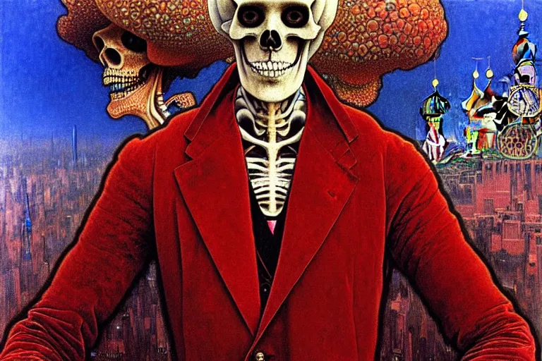 Image similar to realistic detailed closeup portrait painting of a single skeleton wearing red velvet blazer in a crowded futuristic moscow street by Jean Delville, Amano, Yves Tanguy, Alphonse Mucha, Ernst Haeckel, Edward Robert Hughes, Roger Dean, rich moody colours, blue eyes