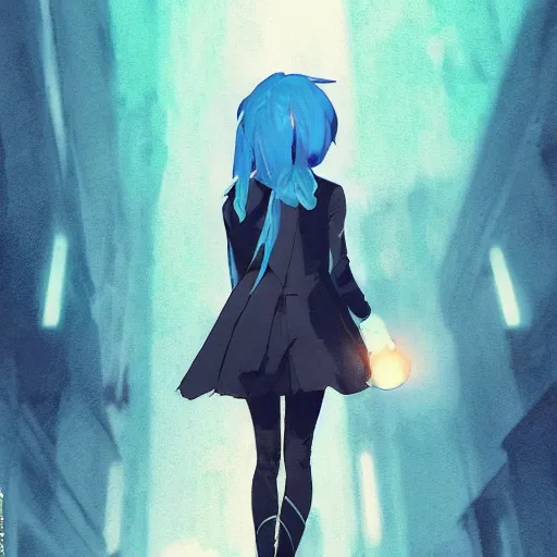 Image similar to low - angle shot from behind of a girl with light blue straight hair in a blue tailcoat, combat boots, noir, sharp focus, intricate, illustration, cell shaded, color block, digital painting, highly detailed, art by greg rutkowski, studio quality, makoto shinkai, james jean