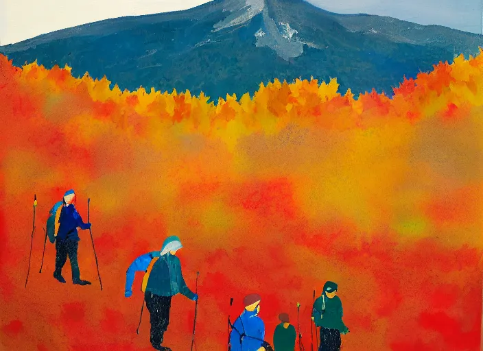 Image similar to portrait of friends hiking franconia ridge new hampshire in autumn, artwork by etel adnan