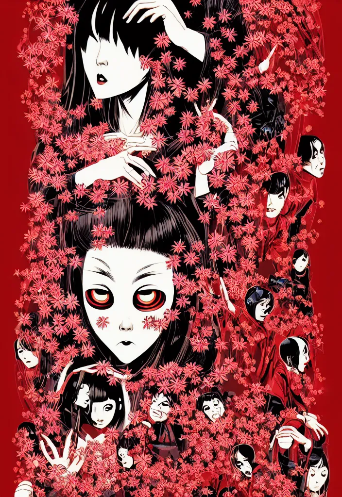 Image similar to a comic book style japanese horror poster of girl with large eyes by dan mumford, yusuke murata and junji ito, blood lines, yokai, shinigami, cherry blossom, eyes, shurikens, kanji, 8k, unreal engine, trending on artstation, pixiv, intricate details, volumetric lighting