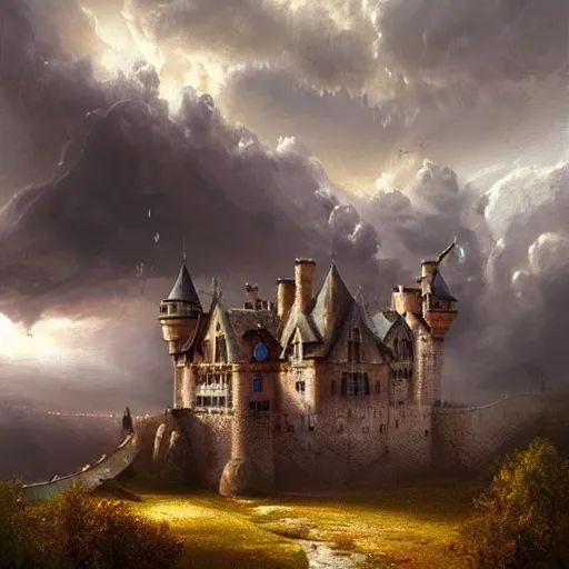 Prompt: a beautiful painting of a castle by Michal Karcz, featured on artstation, breathtaking clouds, thunderstorm, lighting study