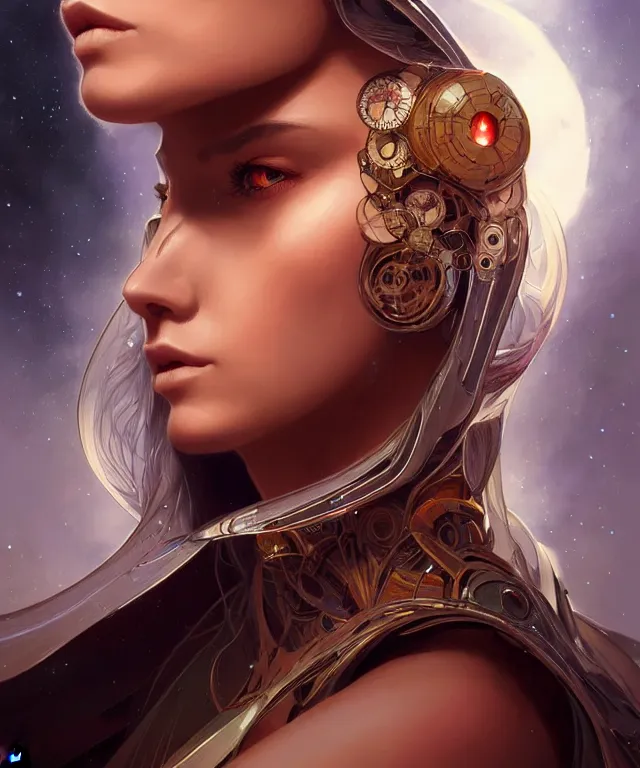 Image similar to futuristic dress woman portrait, sci-fi, amber eyes, face, long hair, fantasy, intricate, elegant, highly detailed, digital painting, artstation, concept art, smooth, sharp focus, illustration, art by artgerm and greg rutkowski and alphonse mucha