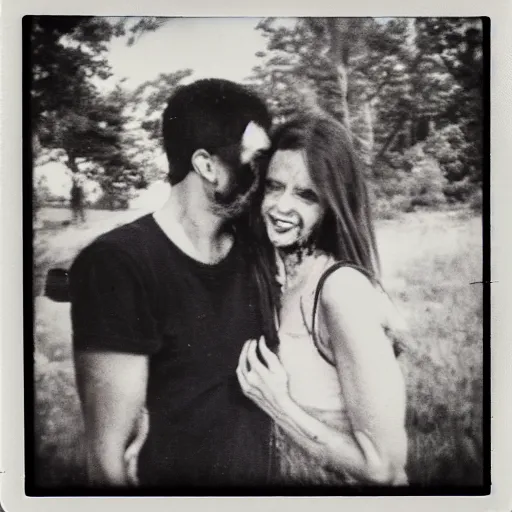 Image similar to polaroid of a happy couple looking into the camera during a zombie apocalypse